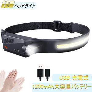 ヘッドライト 充電式USB LEDデュアル光源 ヘッドランプ 5種点灯モード 58g超軽量 高輝度 アウトドア用ヘッドライト IPX4防 1200mAh大容量 最大8時間使用可能