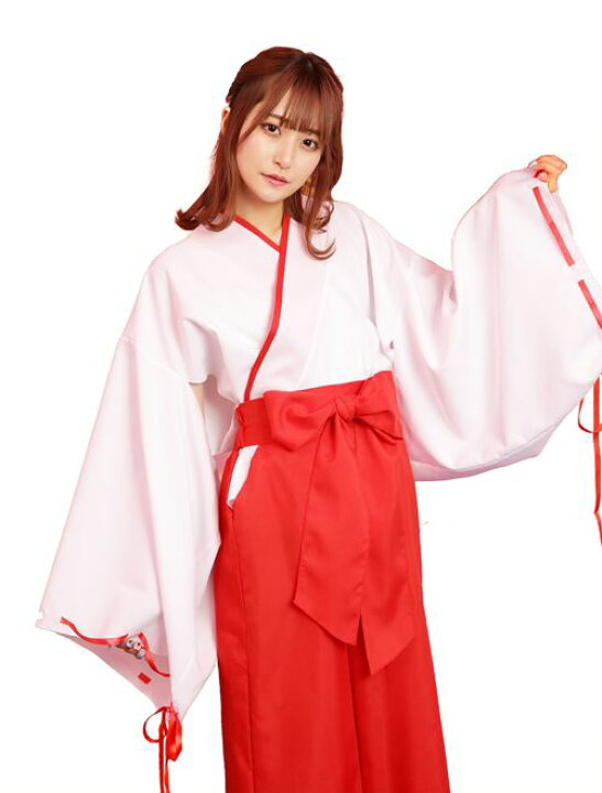 楽天市場 送料無料 Tg 巫女さん 袖口の赤いリボンがポイントの着物で清楚な巫女さんに変身 袴風スカートだから着脱も簡単です キャラクターレプリカ コスプレ用品 Rcp トランスポーツ