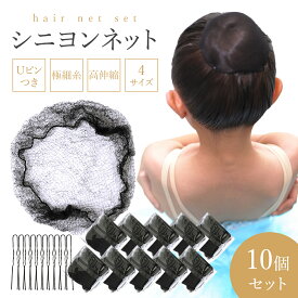 ヘアーネット ヘアネット シニヨンネット 10個セット Uピン付き 黒 アシアナネット 大人 ジュニア バレエ 食品工場 衛生 お団子 まとめ髪 ウィッグ シニヨン 個包装 お団子ネット
