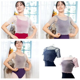 【半袖】メッシュトップス|バレエ ジュニア〜大人用 ラメシースルートップス シースルーTシャツ 裾フリル バレエトップ【ジュニア・おとな・大人】バレエ用品 ウォームアップ|