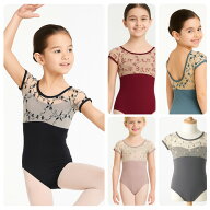 スカート無フラワー刺繍レオタード|バレエ バレエレオタード子供〜ジュニア用 胸元メッシュ 半袖【子ども…