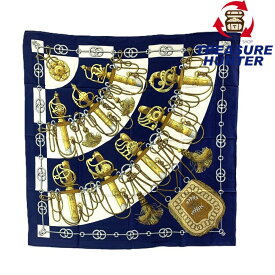 HERMES(エルメス)　スカーフ　カレ90　Cliquetis　シルク100% ブラウン×ネイビー　90×90cm 　カチカチ・剣柄 【102061877001】