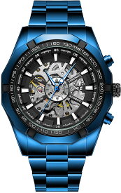 腕時計 機械式 メンズ 自動巻き アンティーク風カジュアル (ブルー)