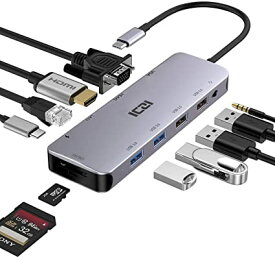 ICZI USB C ハブ 11-in-1 HDMI 4K VGA デュアルディスプレイ PD電力供給 100W LAN イーサネット 1Gbps USB 3.0 x2 5Gbps USB 2.0 x2 TF SD カードリーダー 3.5mm オーディ