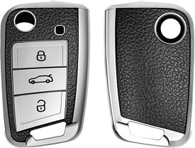 kwmobile ケース - シリコン キーカバー 車の鍵 専用プロテクター 対応: VW Golf 7 MK7 3-ボタン 車のキー - 革風仕上げ シルバー/黒色