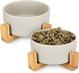 Navaris 水飲み器 2個セット 猫 犬 - 皿 フードボウル 餌入れ 食器 水飲み - 水入れ容器 餌台 直径16cm 850ml - 竹製スタンド 陶器 セラミック グレー