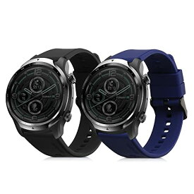 kwmobile 2x 交換ベルト 対応: Ticwatch Pro 3 / Pro 3 Lite / E2 / S2 バンド - シリコンバンド ソフト TPU 耐久性 黒色/紺色