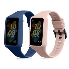 kwmobile 2x 交換ベルト 対応: Huawei Band 7 / Band 6 / Honor Band 6 バンド - シリコンバンド ソフト TPU 耐久性 紺色/アンティークピンク