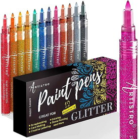 Glitter Paint Pens グリッター ペイントペン ロックペインティング 布 生地 木 ガラス スクラップブック DIY クラフト アート カード メイキング カラーリング アクリル グリッター ペイントマーカー 12本セット 極細 チップ