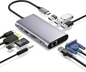 2023高機能版 USB C ハブ 10-in-1 トリプルディスプレイ Type C ドッキングステーション 変換アダプタ 4K HDMI出力ポート / 1080P VGAポート/ PD 100W 急速充電ポート / 1Gbps イーサネット /