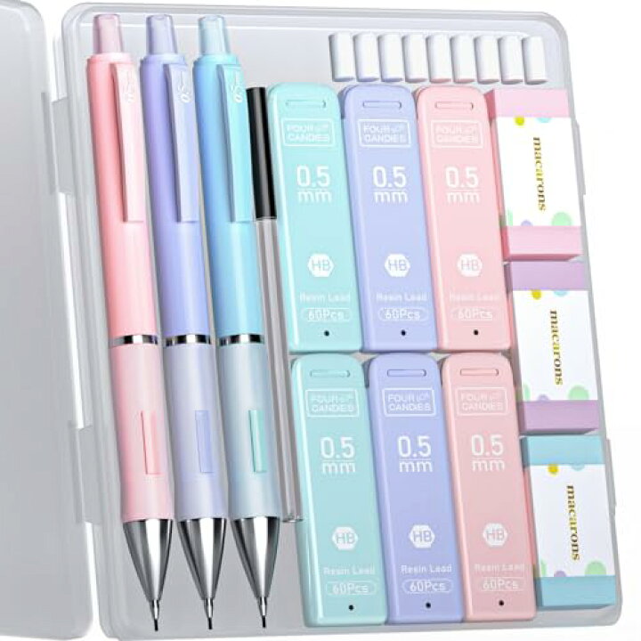 楽天市場】Four Candies パステルシャープペンシルセット かわいい色 0.5mm 3本入り シャーペン 360本HB替芯 消しゴム 付  お絵かき 筆記用 書きやすい 中学生 : Trend Item Shop シャープペンシル　セット