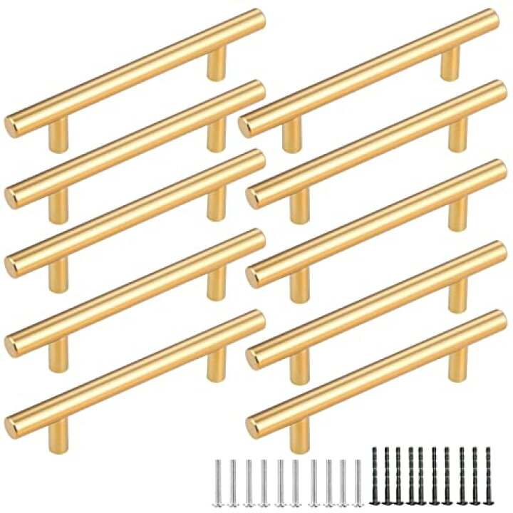 キャビネットの取っ手、引き出しの引手、 引き出し用家具ハンドル 2個パック ゴールドソリッドブラッシュブラス食器棚ハンドル 引き出し 引き出しハンドル  10の近代的なミニマリストゴールデンキャビネットドアハンドルミニマ引き出し銅ワードローブキャビネットハンドル ... 10 個パック 引き出しハンドル ゴールド キッチンハンドル ネジ付き 64mm 96mm 128mm 256mm 320mm 穴の