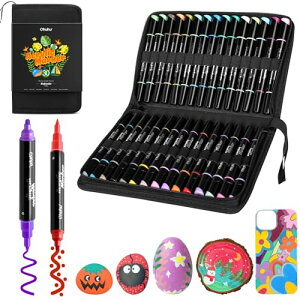 Ohuhu アクリルマーカーペン 30色 太・細字 アクリル絵具 ペイントマーカー 不透明水性ペン 石 木材 卵 ガラス セラミック キャンバス プラスチック 紙 金属 DIY 収納ケースと日本語取り扱い説