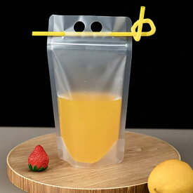 NUOLUX ジュース袋 飲料バッグ 使い捨て 飲み物バッグ 500ml 大容量 密封 保存袋 フリーザーバッグ 保存バッグ ジュースバッグ 飲料袋 曲がるストロー付き 持ち運び便利 半透明 DIY 飲み物用 パーティー用品（100ストロー＋100バッグ）