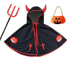 [Ansimple] ハロウィン コスチューム 3点セット マント +コスチューム道具(三叉戟)+カボチャ袋 魔女 悪魔 ウィッチ 巫女 幽霊 子供 キッズ 男女兼用 人気 コスプレ イベント パーティー 仮装 発表会 演出 (黒色)
