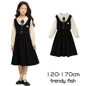 女の子 受験 ワンピース フォーマル 学生服 長袖 ワンピース 子供服 重ね着風 キッズ ジュニア ブラック フェイクレイヤード ミモレ丈 中学受験 学校説明会 発表会 ピアノ 入学式 卒業式 通