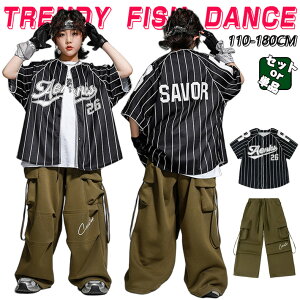 野球風 ベースボールシャツ ストライプ柄 半袖シャツ トレーナー キッズ ダンス 衣装 子供服 ヒップホップ セットアップ 女の子 男の子 ユニセックス ダンス かっこいい チアガール ストリ