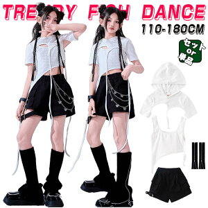 へそ出しシャツ フード付き キッズ ダンス衣装 セットアップ ヒップホップ ストリート 半袖 トップス 短パン ショーツ ホワイト ブラック 子供服 韓国kpop hiphop 女の子 ダンスウェア 原宿系