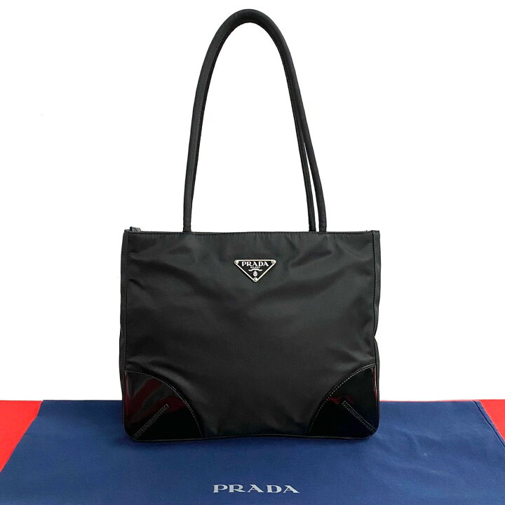 プラダトートバッグナイロンレザー三角ロゴ金具ブラック