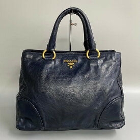 【ポイント2倍】美品 希少品 PRADA プラダ ロゴ 金具 レザー 本革 ナイロン ハンドバッグ トートバッグ ビジネスバッグ ネイビー 紺 26224【送料無料】【中古】