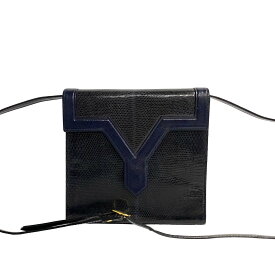 【ポイント2倍】ほぼ未使用 YVES SAINT LAURENT イヴサンローラン YSL ロゴ リザード レザー 本革 ショルダーバッグ ポシェット サコッシュ ネイビー 69550【送料無料】【中古】