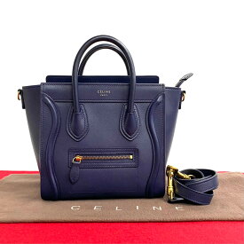 【ポイント5倍】極 美品 希少品 CELINE セリーヌ ラゲージ ナノ レザー 本革 2way ハンドバッグ ミニ ショルダーバッグ ポシェット ネイビー 紺 0otk4119【送料無料】【中古】