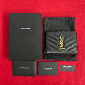 【ポイント5倍】ほぼ未使用 箱 袋付 YVES SAINT LAURENT イヴ・サンローラン YSL カサンドラ ロゴ 金具 レザー 二つ折り 財布 ミニ ウォレット 黒 06764 【送料無料】【中古】