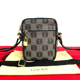 【ポイント2倍】極 美品 希少品 袋付き LOEWE ロエベ アナグラム ロゴ 総柄 レザー ミニ ショルダーバッグ ポシェット サコッシュ ブラック 21304【送料無料】【中古】