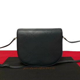 【ポイント5倍】極 美品 YVES SAINT LAURENT イヴ・サンローラン ロゴ エンボス レザー ミニ ショルダーバッグ ポシェット ネイビー レッド 33010【送料無料】【中古】