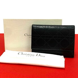 【ポイント2倍】極 美品 箱 袋付 Christian Dior クリスチャンディオール カナージュ レザー 本革 三つ折り 財布 ウォレット 札入れ 小銭入れ 黒 73237【送料無料】【中古】