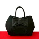 【ポイント2倍】極 美品 希少品 PRADA プラダ 三角ロゴ 金具 リボン モチーフ レザー 本革 ナイロン ハンドバッグ ミニ トートバッグ ブラック 黒 20814【送料無料】【中古】
