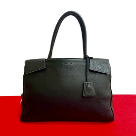【ポイント2倍】極 美品 希少品 PRADA プラダ ロゴ エンボス レザー 本革 ハンドバッグ ミニ トートバッグ ビジネスバッグ A4収納可能 ブラック 039-6【送料無料】【中古】