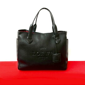 【ポイント2倍】極 美品 希少品 LOEWE ロエベ ヘリテージ ロゴ エンボス レザー 本革 トートバッグ ハンドバッグ ビジネスバッグ ブラック 黒 76854【送料無料】【中古】