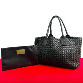 【ポイント2倍】極 美品 希少品 BOTTEGA VENETA ボッテガヴェネタ イントレチャート レザー 本革 トートバッグ ハンドバッグ ブラック 黒 jpc11-5【送料無料】【中古】