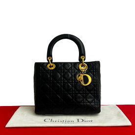 【ポイント2倍】極 美品 保存袋付 Christian Dior ディオール レディディオール カナージュ レザー 本革 ハンドバッグ トートバッグ ブラック 377-6【送料無料】【中古】