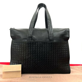 【ポイント2倍】極 美品 袋付き BOTTEGA VENETA ボッテガヴェネタ イントレチャート レザー 本革 トートバッグ ビジネスバッグ A4収納可能 ブラック d22-4【送料無料】【中古】