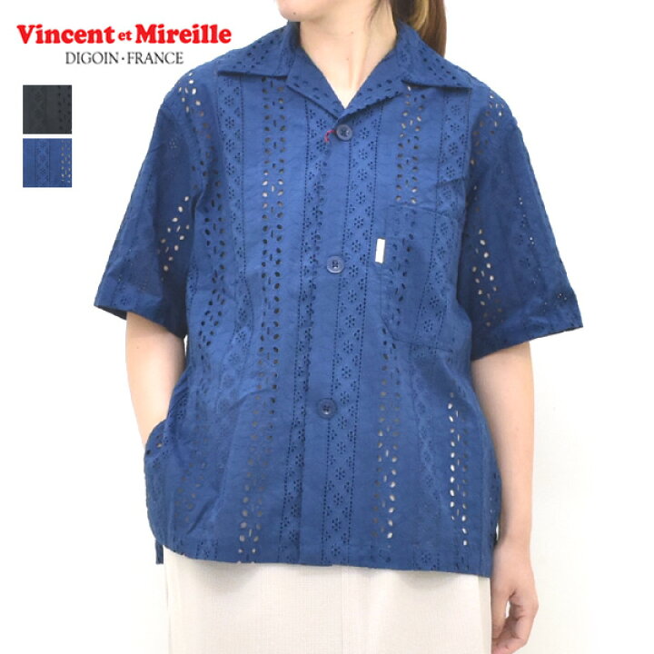 Vincent et Mireille ヴァンソンエミレイユ カットワークレースオープンカラーシャツ WM261HB11032 レディース ブラック ブルー 送料無料 trois トロア