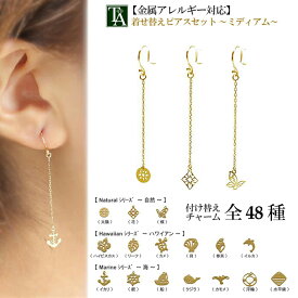 ピアス 18K 着せ替えピアス ミディアムセット イエローゴールド 金属アレルギー k18 地金 18金 揺れる パーツ フック チャーム ハワイアン 海 自然 全48種 両耳 レディース ギフト プレゼント 女性用 贈り物