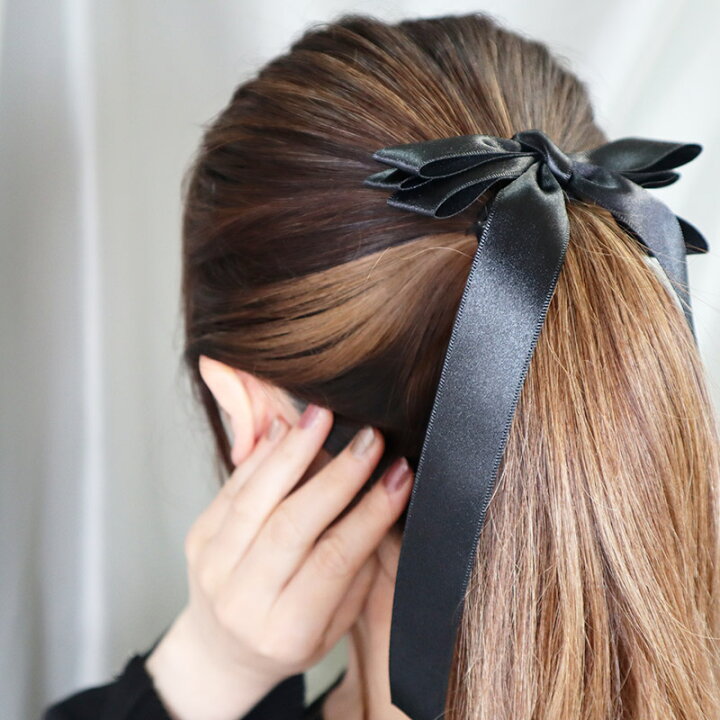 楽天市場】【送料無料】ヘアゴム サテントリプルロングリボン ブラック  