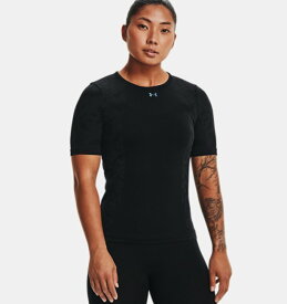 アンダーアーマー レディース Tシャツ Under Armour Women's UA RUSH HeatGear Seamless Short Sleeve - Black/Metallic Silver
