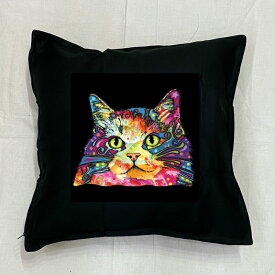 【送料無料】キャット クッション NEW【中身あり/ホワイト/ブラック】 50x50cm 大きめ ビッグサイズ ビッグフェイス 洗える かわいい おしゃれ 猫柄 ねこ ネコプリント 雑貨 ネコグッズ 猫プリント 動物 オーナーグッズ ネオンカラー サイケデリック ラグドール