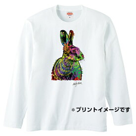 ウサギ 兎 ラビット （ネオンカラー） 長袖 tシャツ【ロングスリーブ】ロンティー 丸首型 クルーネック 綿100% トップス 服 レディース メンズ シンプル かわいい おしゃれ 小動物 ウサギ柄 プリント ウサギグッズ サイケデリック