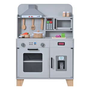 おままごと キッチン 木製 台所 ライト付き 音が鳴る 製氷機 調理器具付き 調味料 食材 野菜 知育玩具 コンロ 電子レンジ 家事 おもちゃ キッズ ベビー 誕生日 プレゼント【グレー】