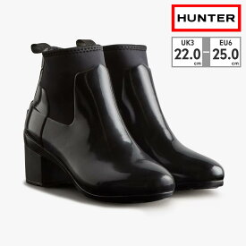 【全国送料無料】 HUNTER レインシューズ レディース リファインド グロス ミッド ヒール ブーツ WFP1012NRG BLK ハンター REFINED GLOSS MID HEEL BOOT 完全防水 ハンドクラフト 太ヒール ラバー ゴム ヒール高さ7cm スリムフィット 光沢仕上げ