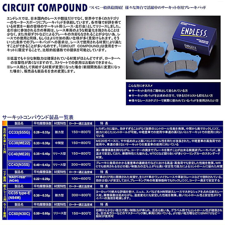 楽天市場】ENDLESS エンドレス EIP293 CC40(ME20) Ewig サーキット専用 