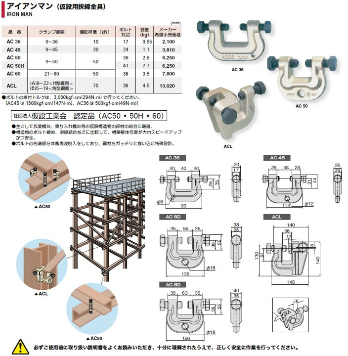 楽天市場】アイアンマン 仮設用挟締金具 AC36 9-36mm 仮設構造物 