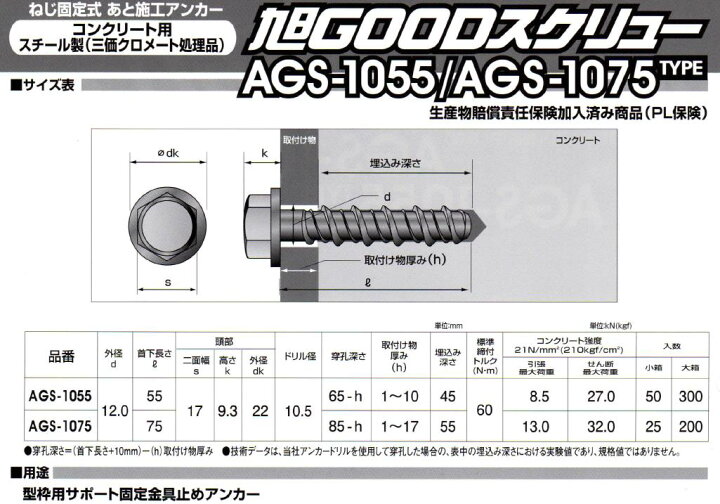 楽天市場】仮留めアンカー 旭GOODスクリュー AGS-1055TYPE 首下長さ 