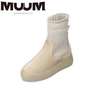ムーム MUUM MM1747 レディース靴 靴 シューズ 2E相当 ブーツ ショート ミドル丈 ミッドカット ニット ソックス 厚底 インヒール ロゴ ファスナー ジッパー チャック シンプル ベージュ TSRC