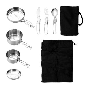 7点セット ステンレススチール キャンプ用品 キャンプ用食器 折りたたみ式 軽量 調理器具 ピクニックポット アウトドア 釣り用
