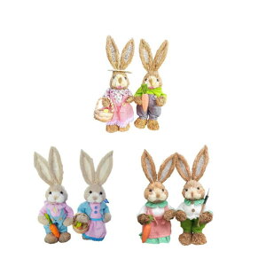 2 個ウサギの彫刻バニー置物イースター装飾かわいいわら動物彫像庭風景部屋寝室農家